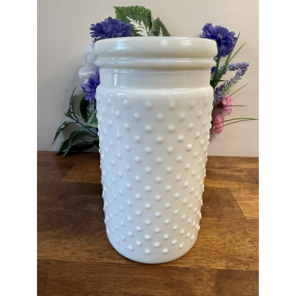 Vintage Hobnail Milk Glass‎ Vase – Tall White Textured Cylinder Wedding Decor